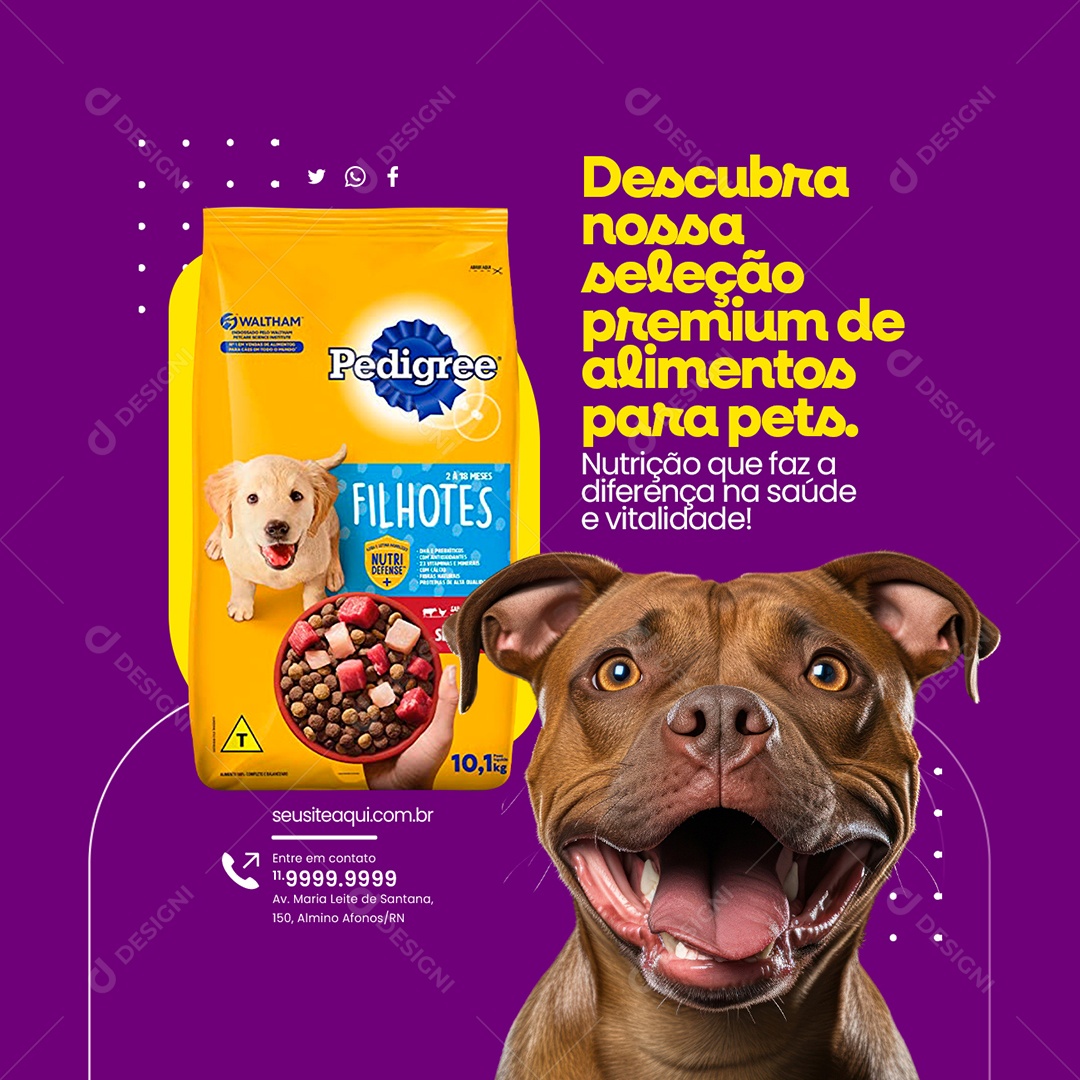 Pet Shop Descubra nossa Seleção Premium de Alimentos para Pets Pedigree Filhotes Cachorro Social Media PSD Editável