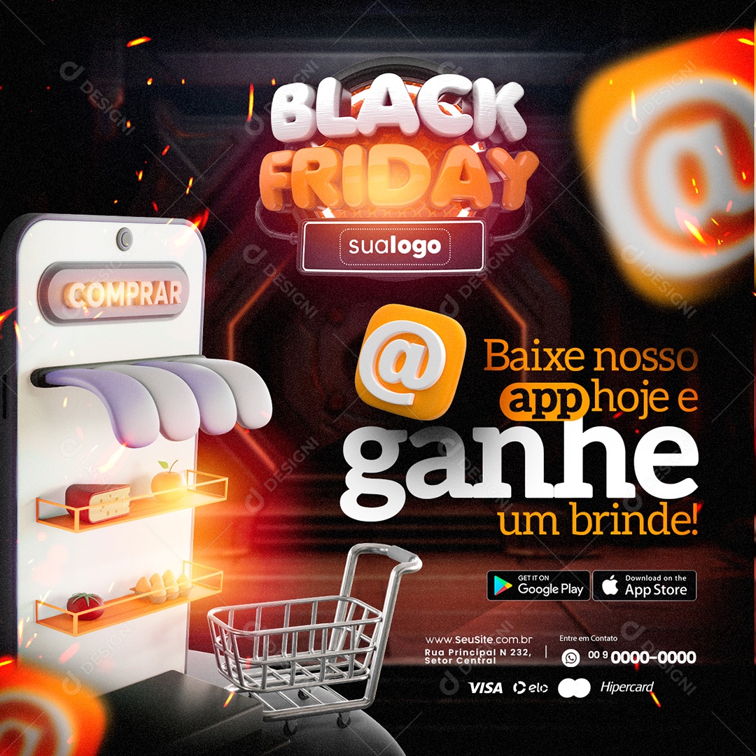 Supermercado Black Friday Baixe nosso App Hoje e Ganhe um Brinde Social Media PSD Editável