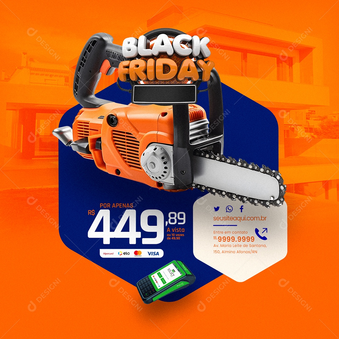 Materiais de Construção Black Friday Moto Serra Social Media PSD Editável