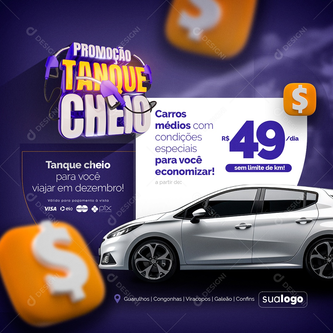 Locadora de Carros Promoção Tanque Cheio para Você Viajar em Dezembro Social Media PSD Editável