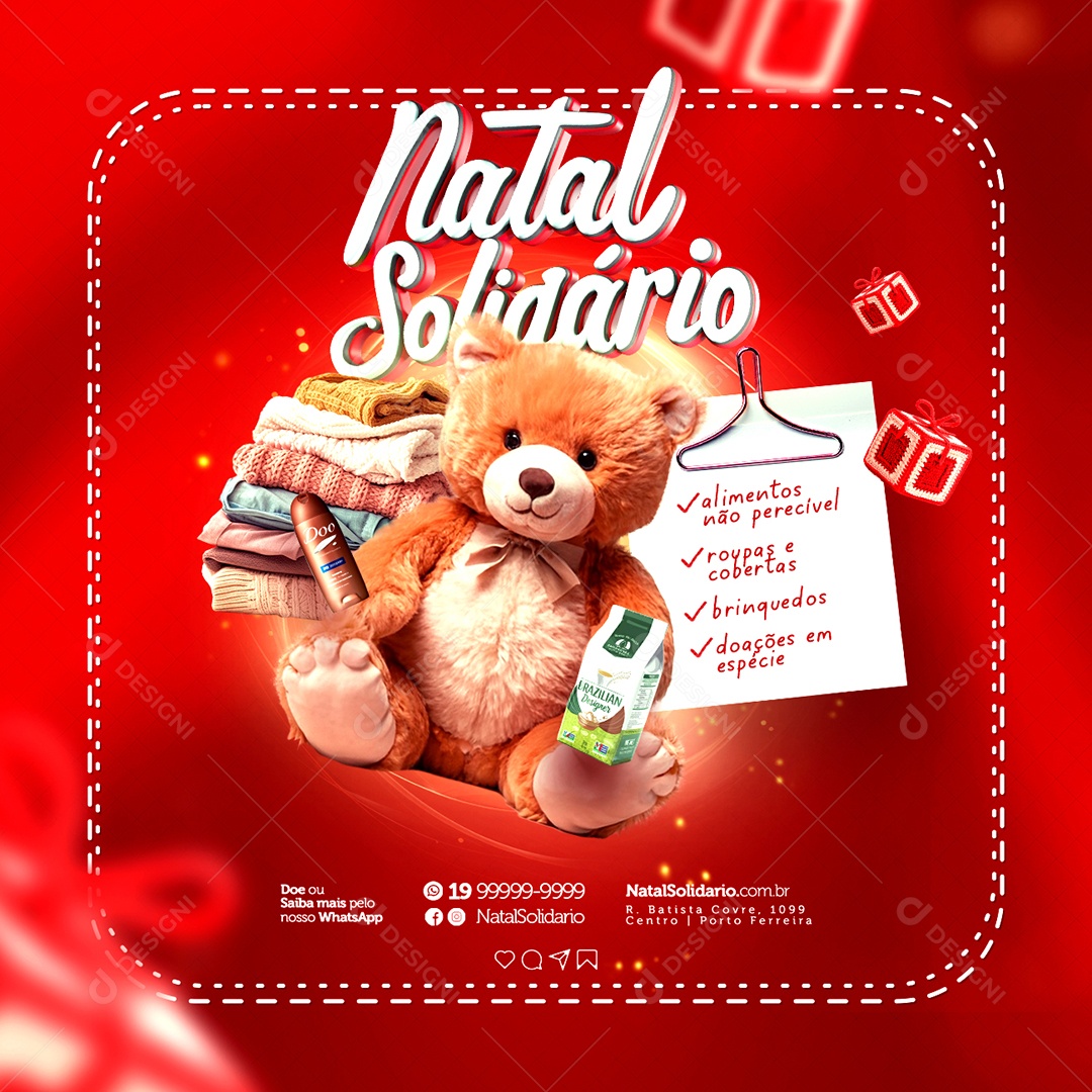 Campanha Publicitária Natal Solidário Alimentos Roupas e Cobertas Brinquedos Social Media PSD Editável