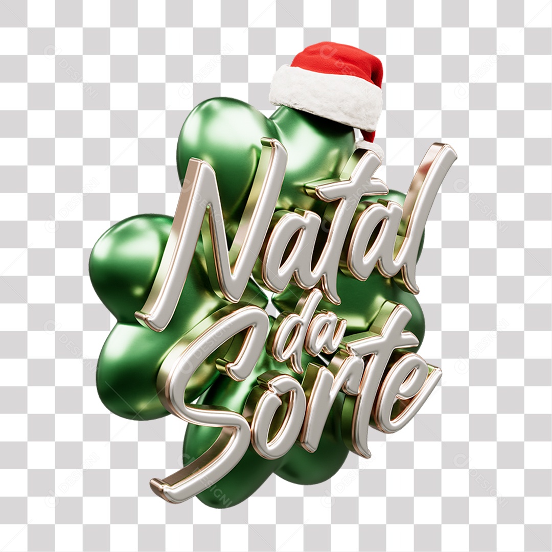 Natal da Sorte Selo 3D Branco Dourado e Verde para Composição PNG Transparente Sem Fundo