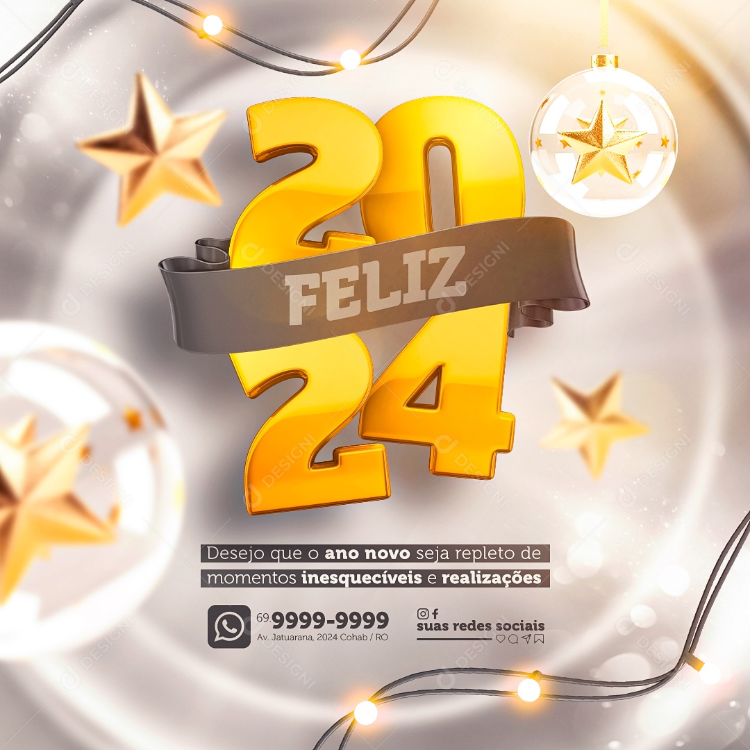 Feliz 2024 Desejo Que o Ano Novo Seja Repleto de Momentos Inesquecíveis Social Media PSD Editável