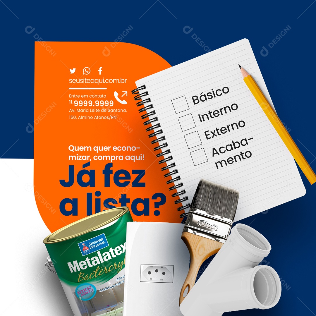 Materiais de Construção Lata de Tinta Pincel Tomada Quem Quer Economizar Compra Aqui Social Media PSD Editável