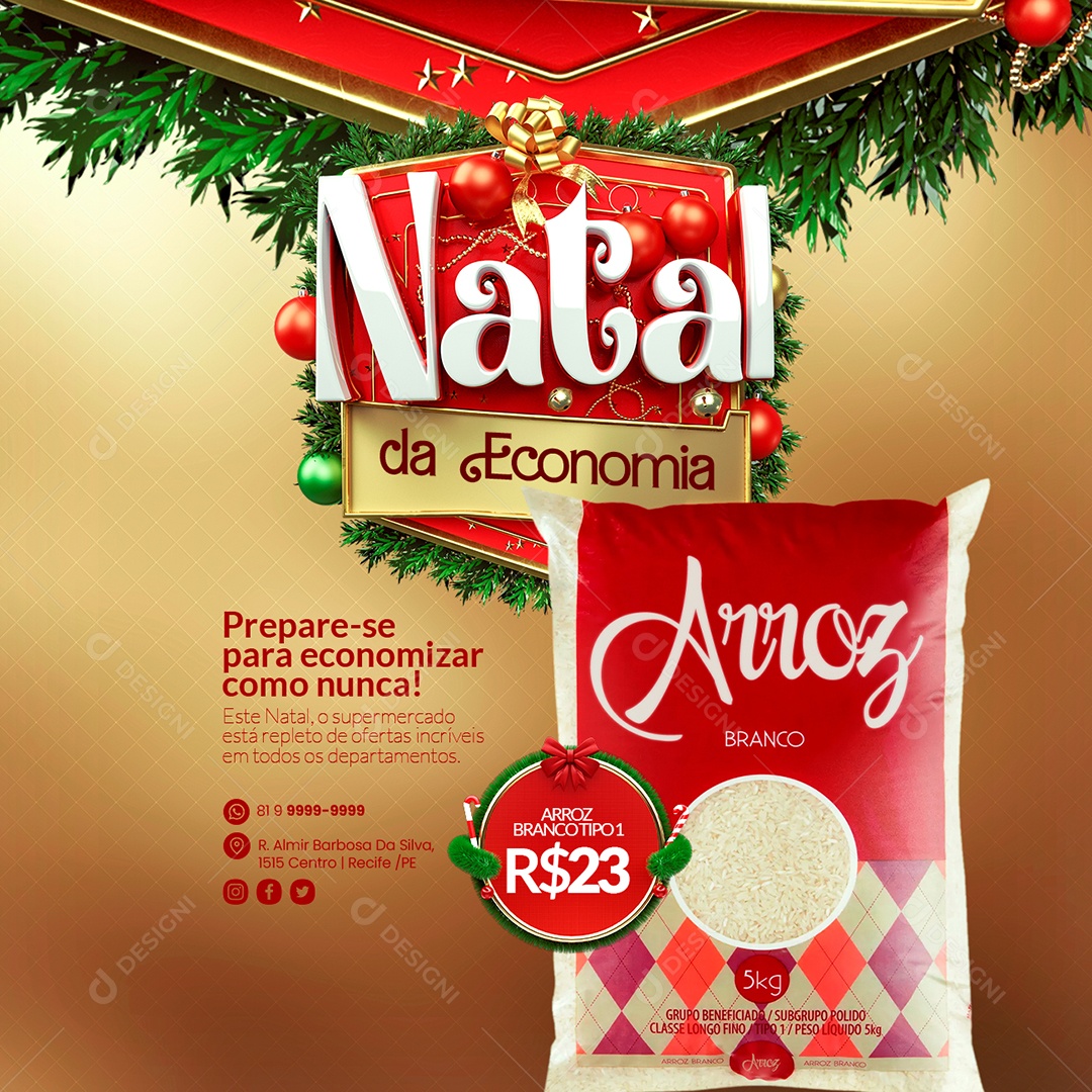 Natal da Economia Supermercado Arroz Branco Prepare se para Economizar Como Nunca Social Media PSD Editável