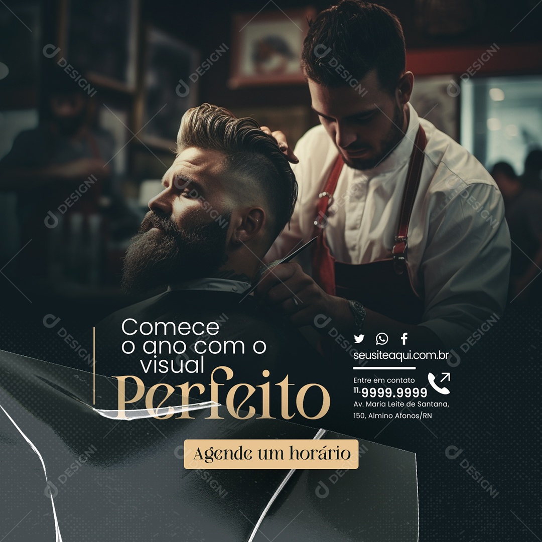 Barbearia Comece o Ano com o Visual Perfeito Agende um Horário Social Media PSD Editável