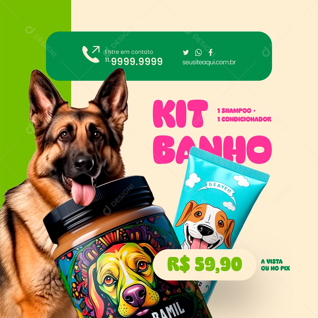 Pet Shop Kit Banho Shampoo Condicionador A Vista ou Pix Social Media PSD Editável