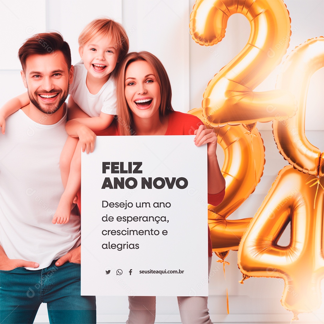 Feliz Ano Novo Desejo um Ano de Esperança Crescimento e Alegrias Social Media PSD Editável