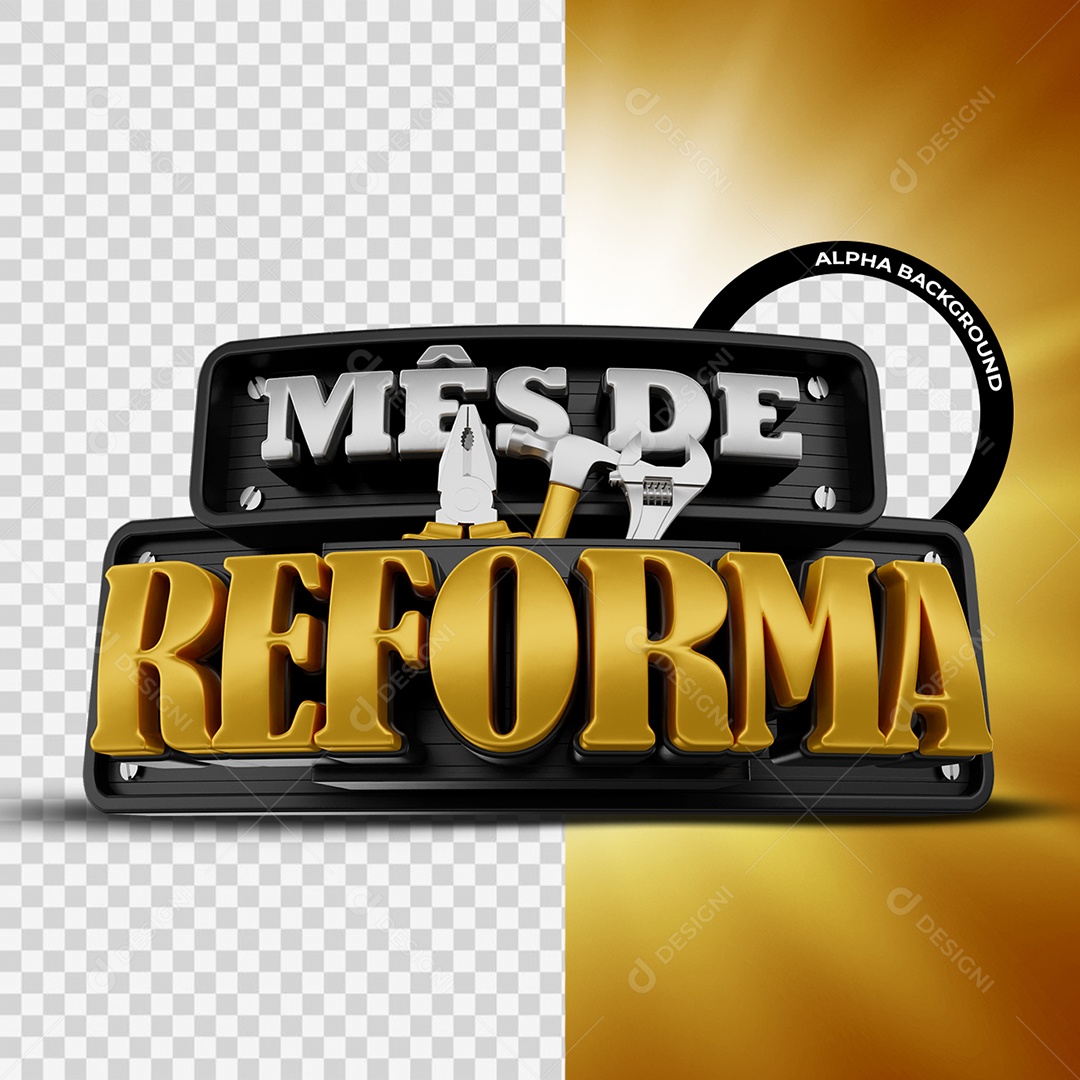 Mês da Reforma Selo 3D Cinza Dourado e Preto para Composição PSD