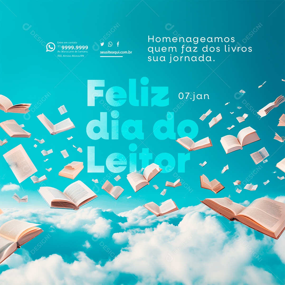 Feliz Dia do Leitor 07 de Janeiro Homenageamos quem faz dos livros sua jornada Social Media PSD Editável