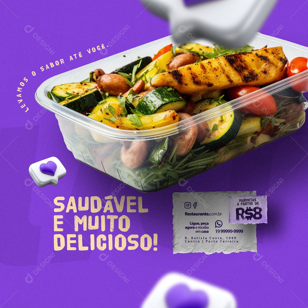 Restaurante Marmitas Levamos o Sabor Até Você Saudável e Muito Delicioso Social Media PSD Editável