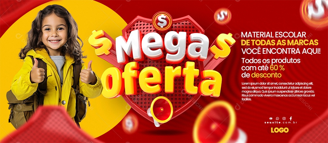 Banner Volta às Aulas Mega Oferta Material Escolar Social Media PSD Editável