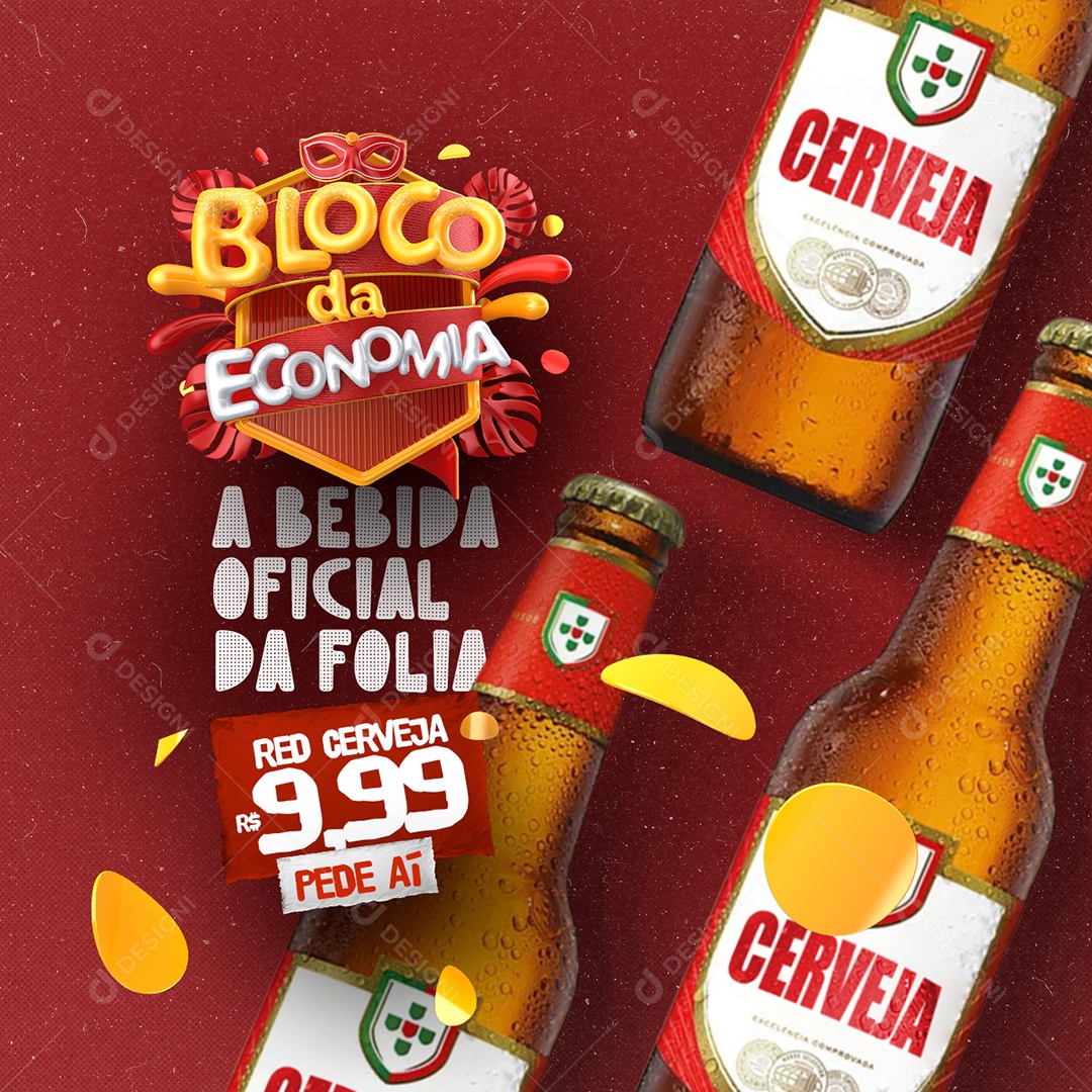 Carnaval Distribuidora de Bebida Bloco da Economia A Bebida Oficial Da Folia Red Cerveja Social Media PSD Editável