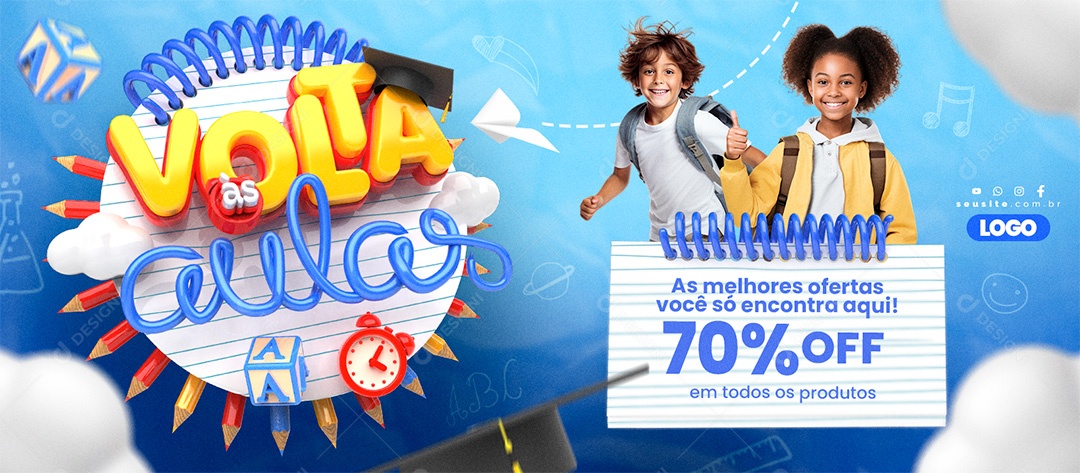 Banner Volta às Aulas As melhores ofertas você só encontra aqui 70% Off Social Media PSD Editável