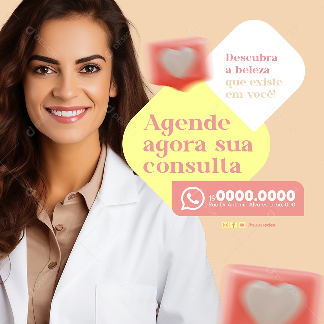 Clínica de Estética Agende agora sua consulta Descubra a beleza que existe em você Social Media PSD Editável