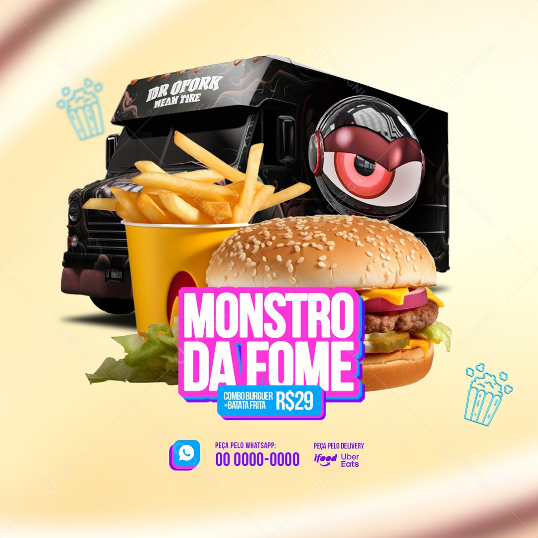 Lanchonete Trailer Monstro Da Fome Combo Burguer Batata Frita Social Media PSD Editável