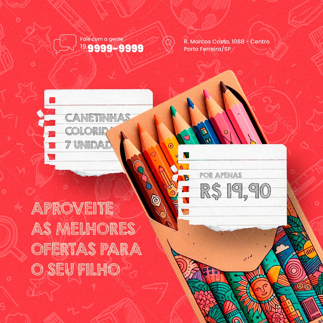 Volta às Aulas Papelaria Canetinhas Coloridas 7 Unidades As Melhores Ofertas Social Media Psd 6132