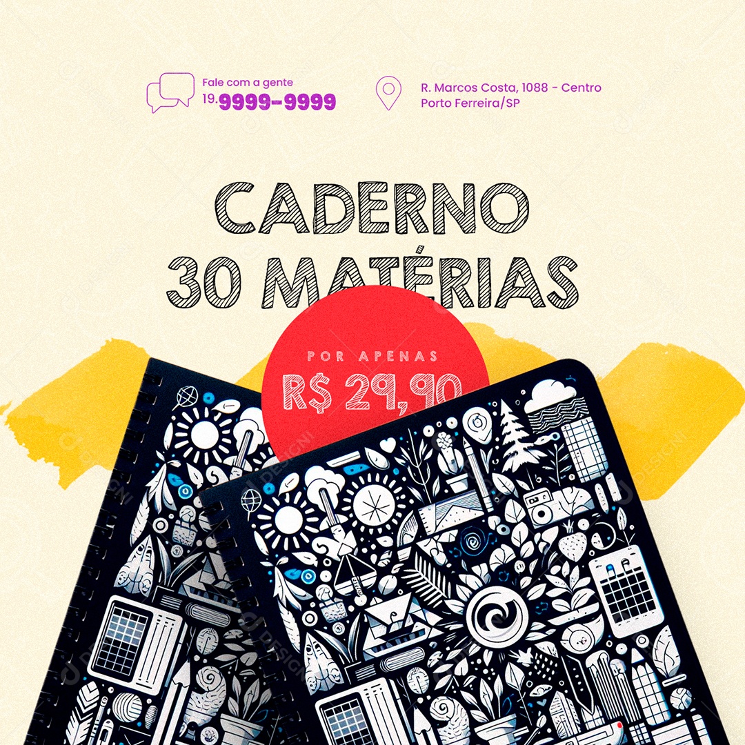 Volta às Aulas Papelaria Caderno 30 Matérias Social Media PSD Editável