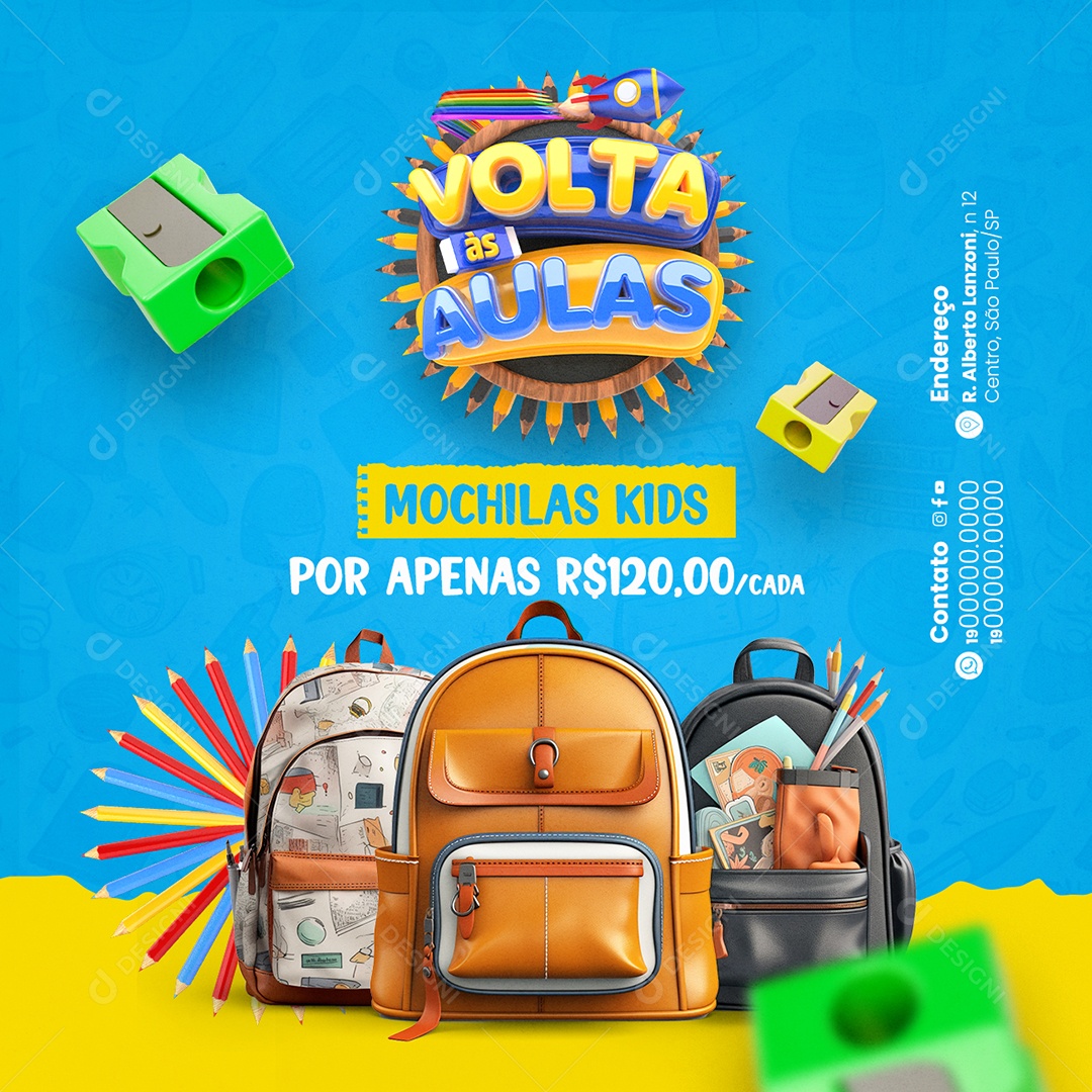 Papelaria Volta às Aulas Mochila Kids Social Media PSD Editável