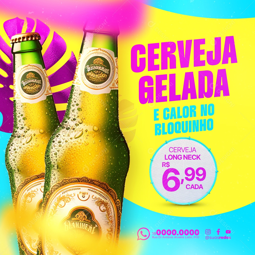 Carnaval Distribuidora de Bebidas Cerveja Gelada Long Neck Social Media PSD Editável