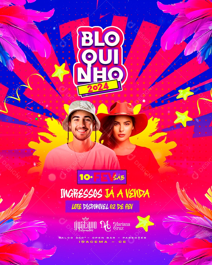 Flyer Carnaval Bloquinho 2024 Gustavo Fernades Mariana Cruz Social Media PSD Editável