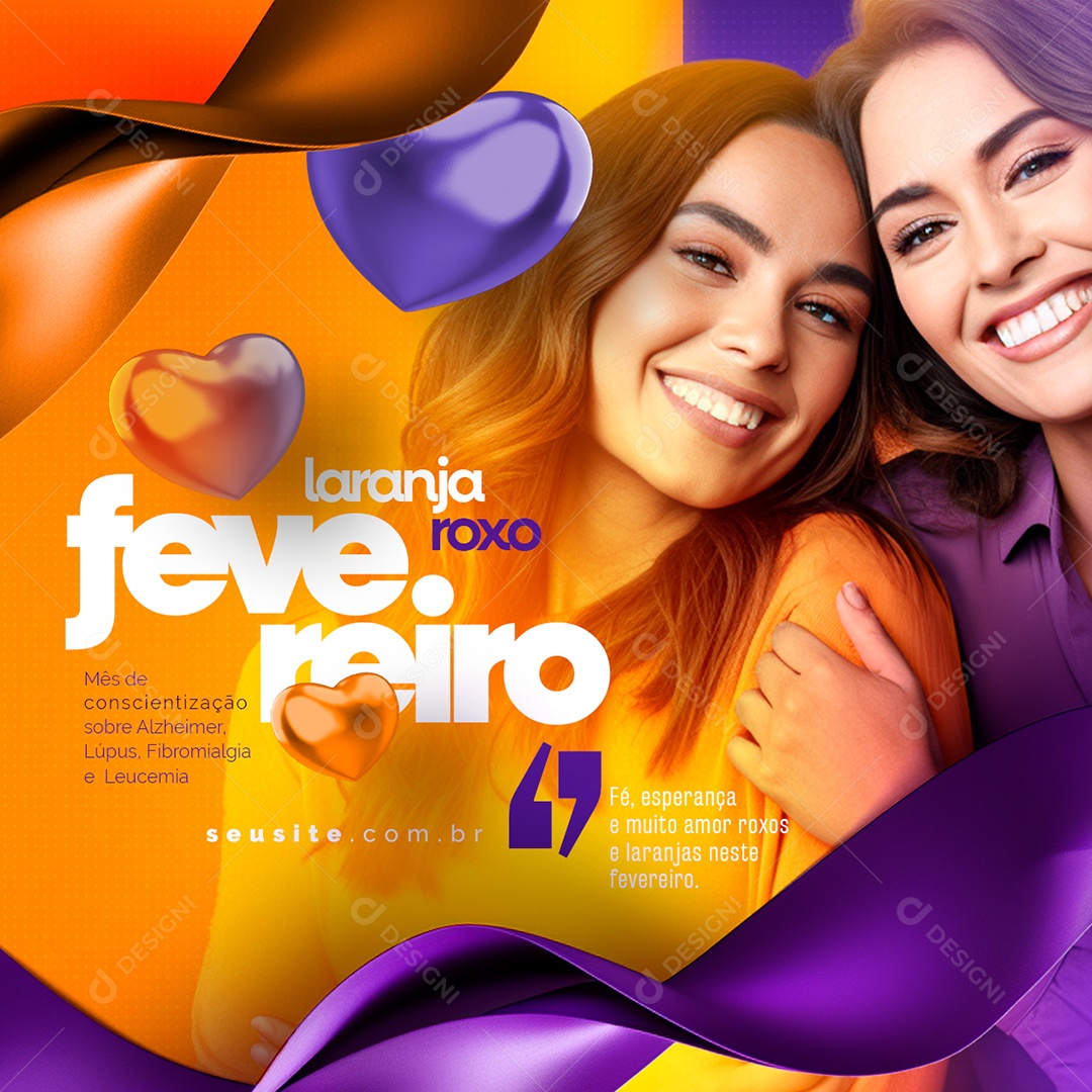 Fevereiro Laranja e Roxo Fé esperança e muito amor Social Media PSD Editável