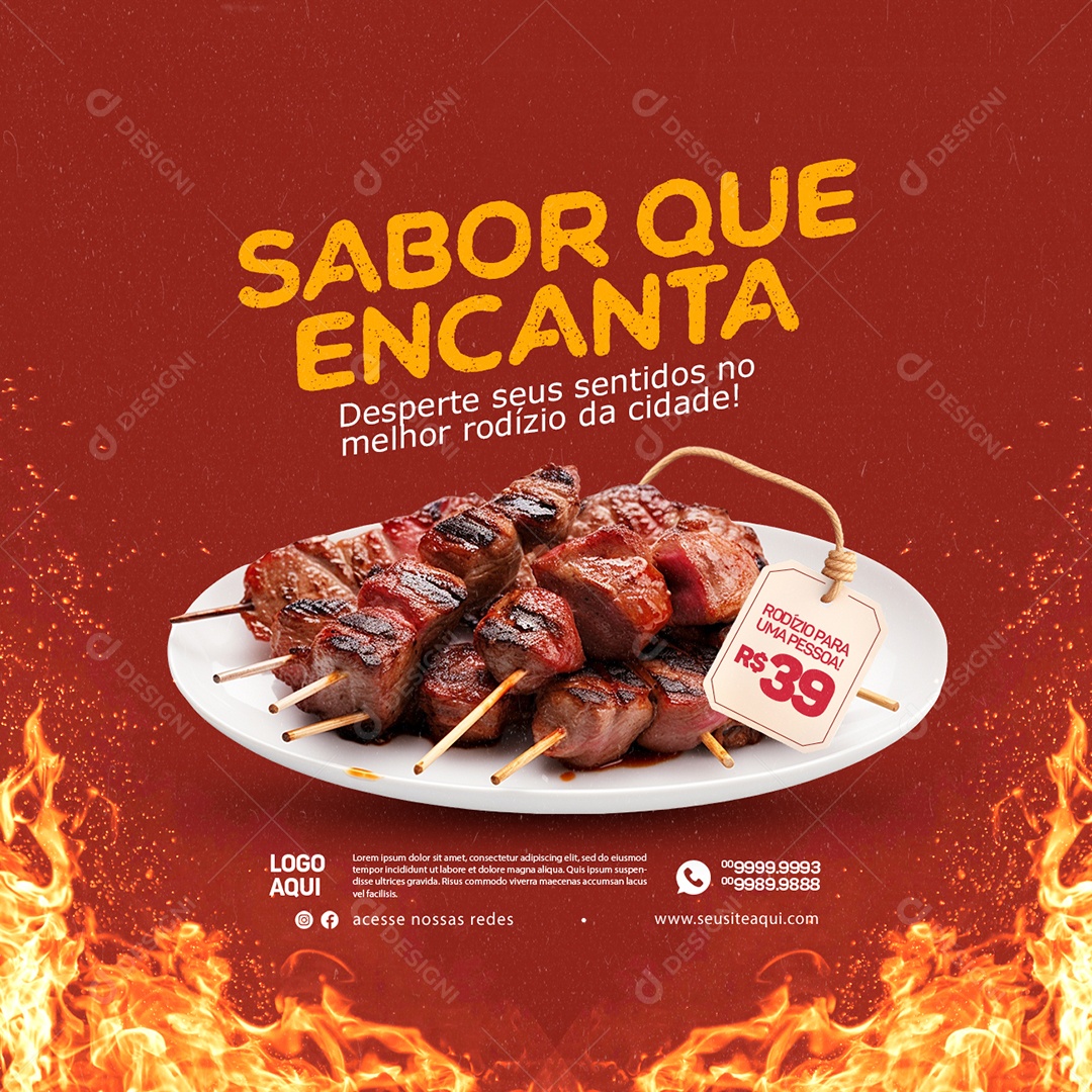 Churrascaria Sabor que Encanta Desperte Rodízio para uma Pessoa Social Media PSD Editável