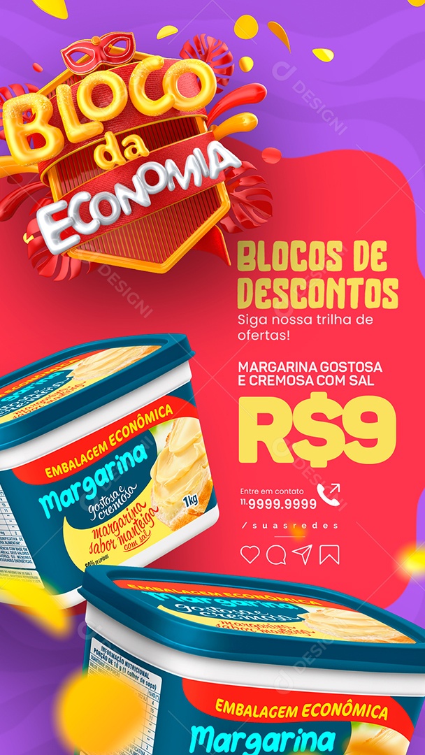 Story Supermercado Bloco da Economia Margarina Blocos de Descontos Social Media PSD Editável