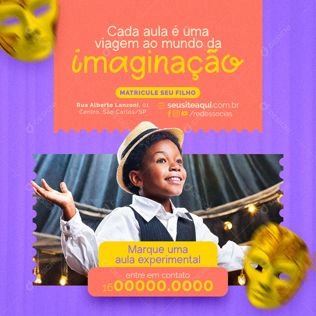 Teatro Infantil Cada aula é uma viagem ao mundo da imaginação Social Media PSD Editável