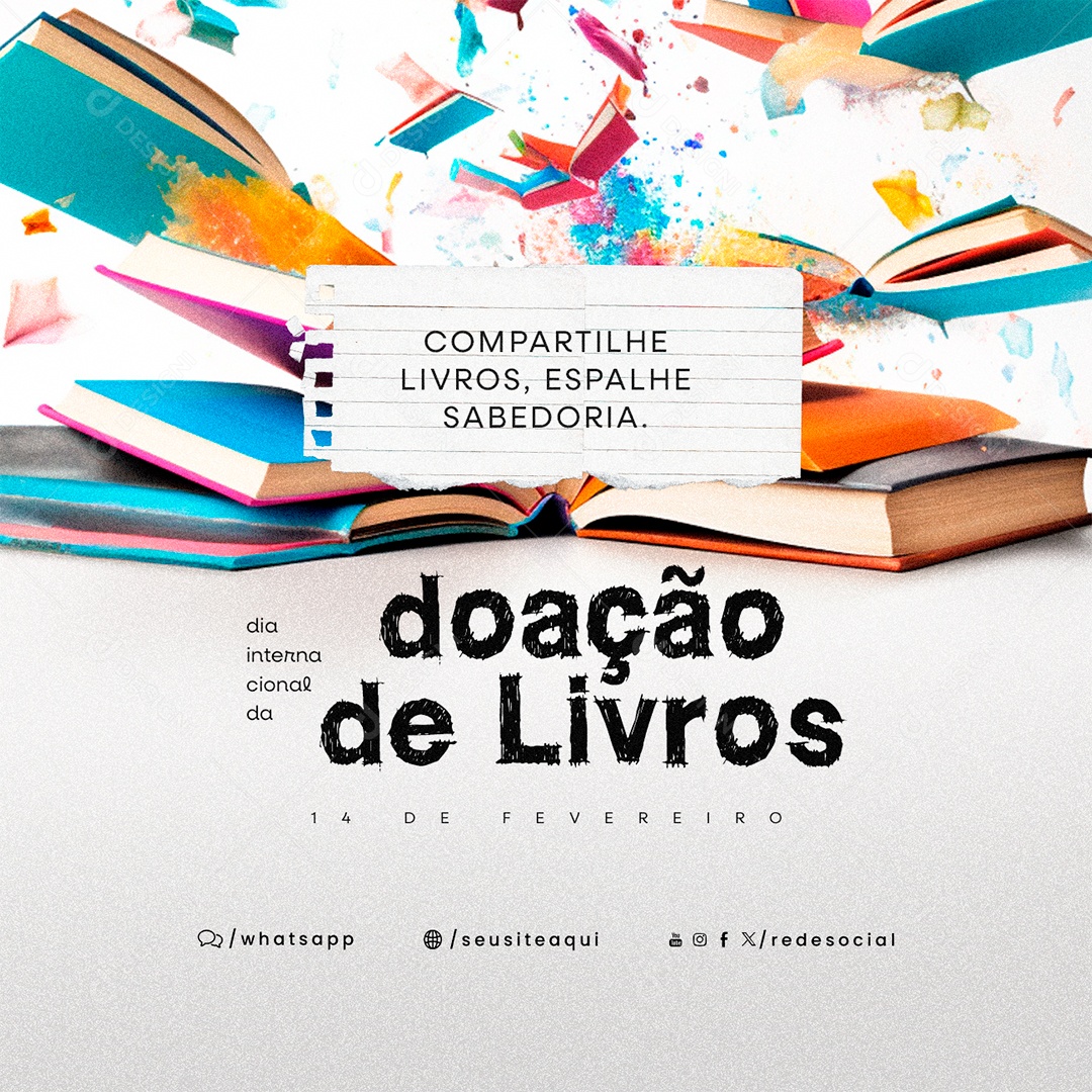 Dia Internacional da Doação de Livros Compartilhe Livros Social Media PSD Editável