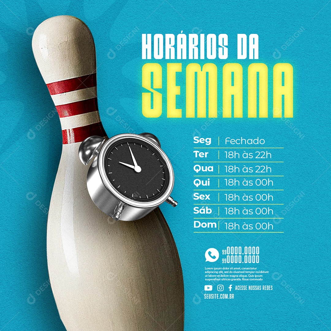 Boliche Horários da Semana Terça Quarta Quinta Sexta Sábado Domingo Social Media PSD Editável