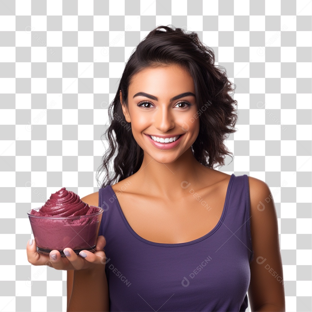 Mulher Segurando Pote de Açaí com Frutas PNG Transparente