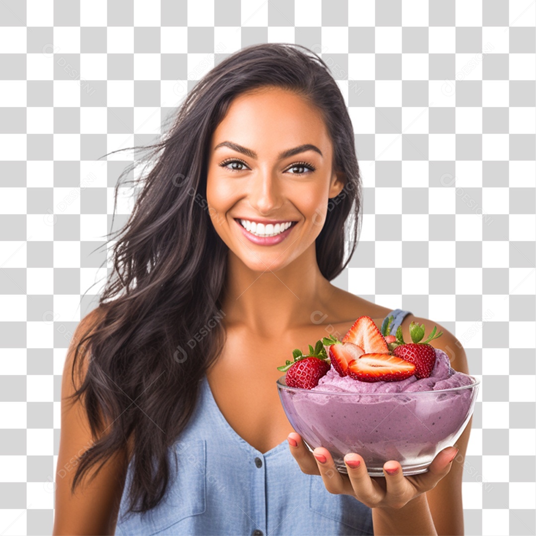 Mulher Segurando Pote de Açaí com Frutas PNG Transparente