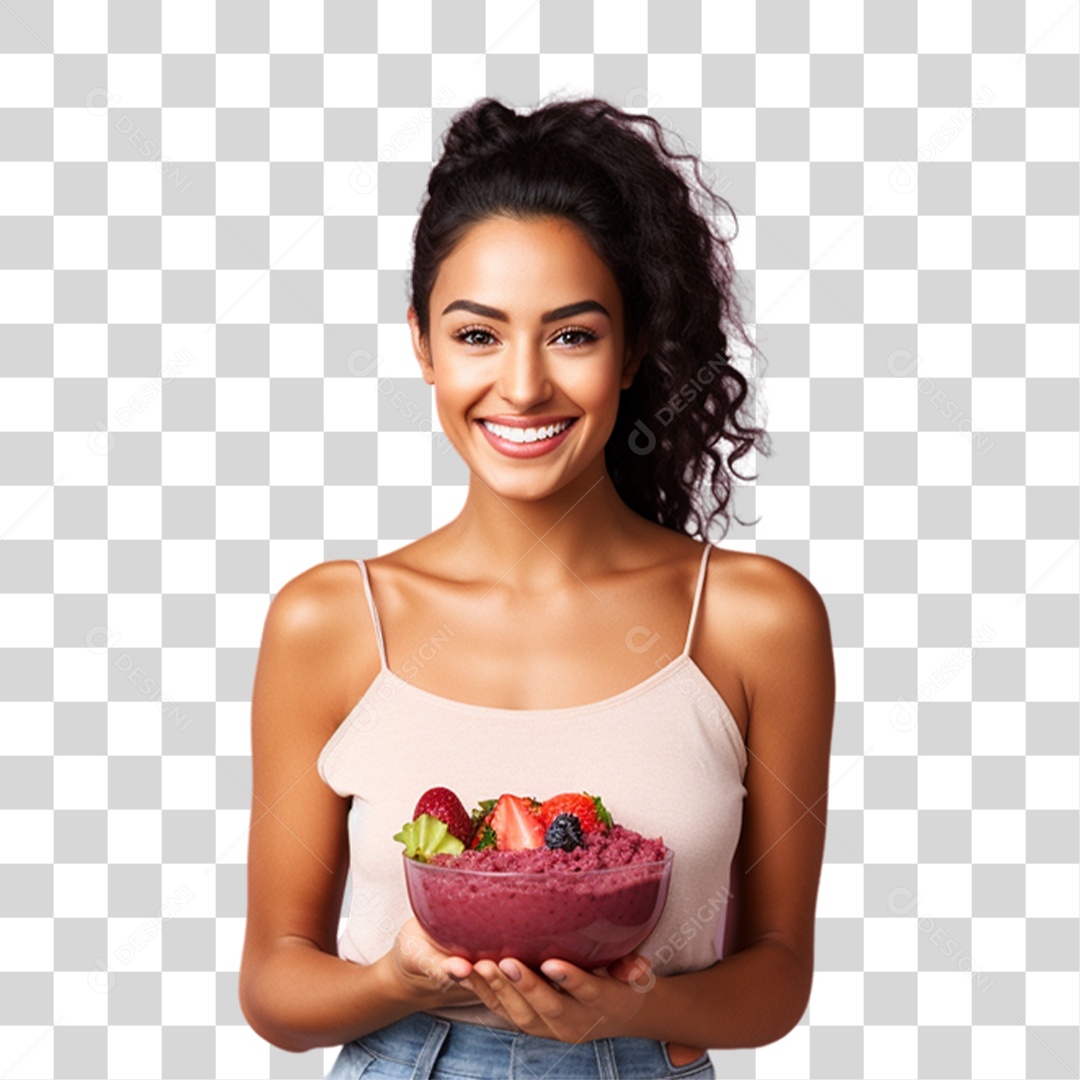 Mulher Segurando Pote de Açaí com Frutas PNG Transparente