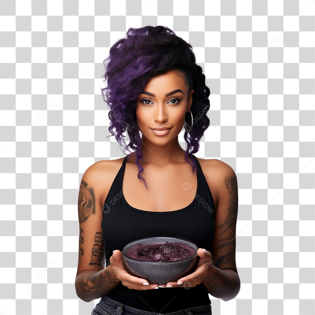 Mulher Segurando Pote de Açaí com Frutas PNG Transparente