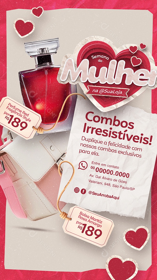 Campanha Publicitária Semana da Mulher Story Combos Perfume Red Bolsa Marttiz Social Media PSD Editável