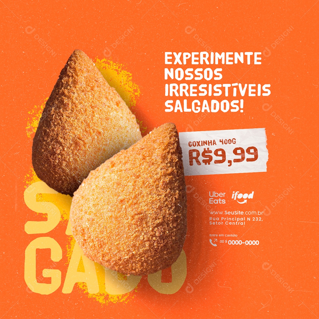 Salgateria Coxinha Experimente nossos irresistíveis Salgados Social Media PSD Editável