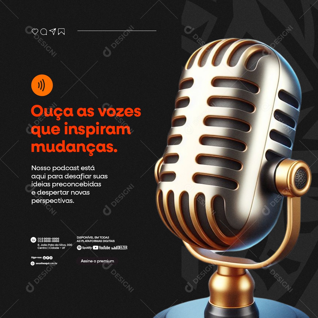 Podcast Ouça as vozes que inspiram mudança Social Media PSD Editável