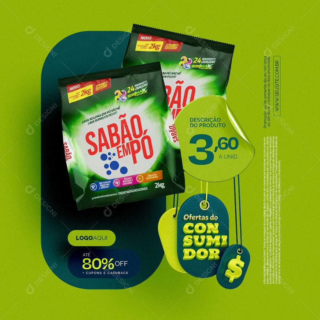 Ofertas do Consumidor Supermercado Sabão em Pó Social Media PSD Editável