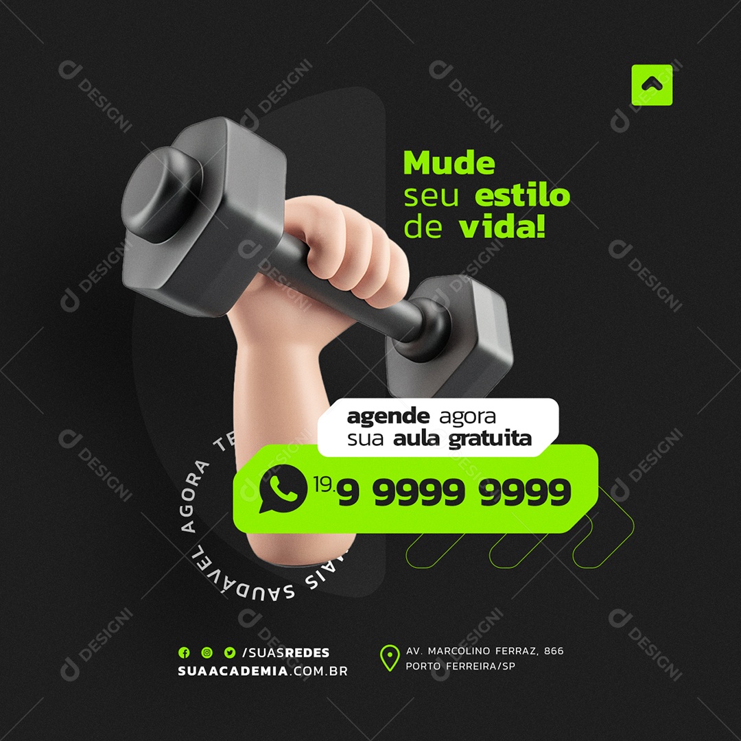 Academia Mude seu estilo de vida agende agora sua aula gratuita Social Media PSD Editável