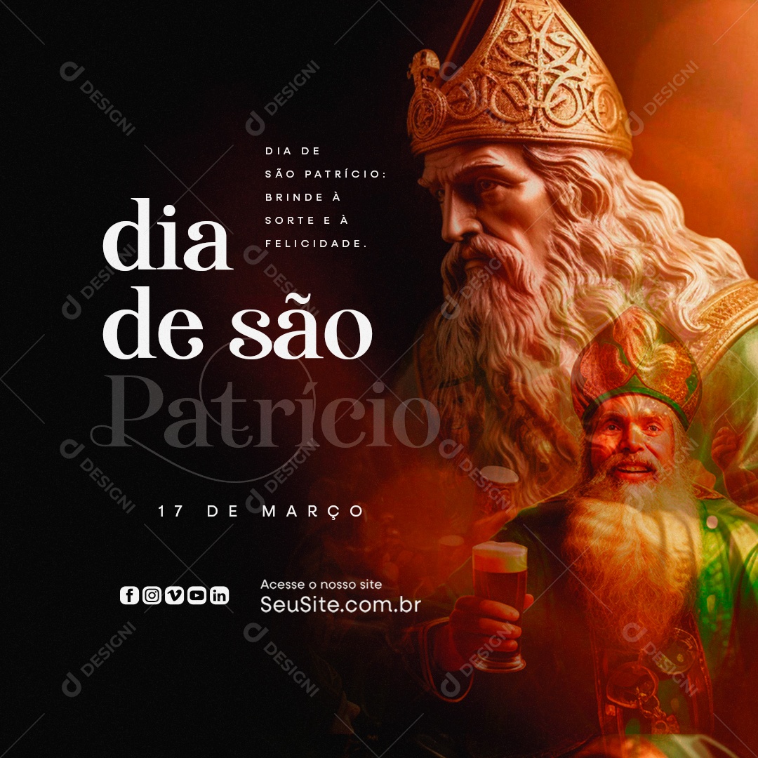 Dia de São Patrício 17 de Março Brinde à Sorte e à Felicidade Social Media PSD Editável