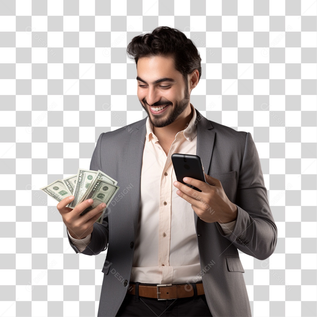 Homem com Celular e Dinheiro nas Mãos PNG Transparente