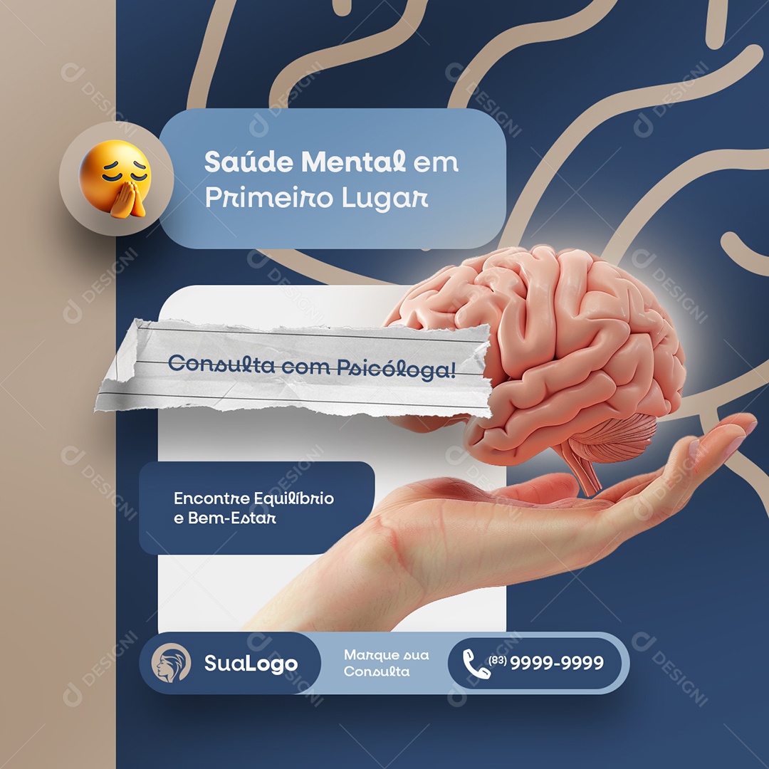 Saúde Mental em Primeiro Lugar Consulta com Psicóloga Social Media PSD Editável