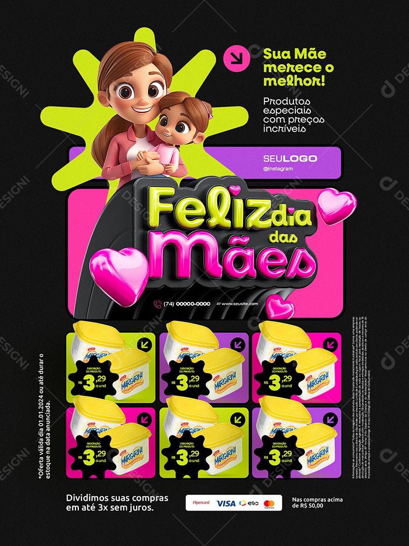 Feliz Dia das Mães Supermercado Encarte Margarina Social Media PSD Editável