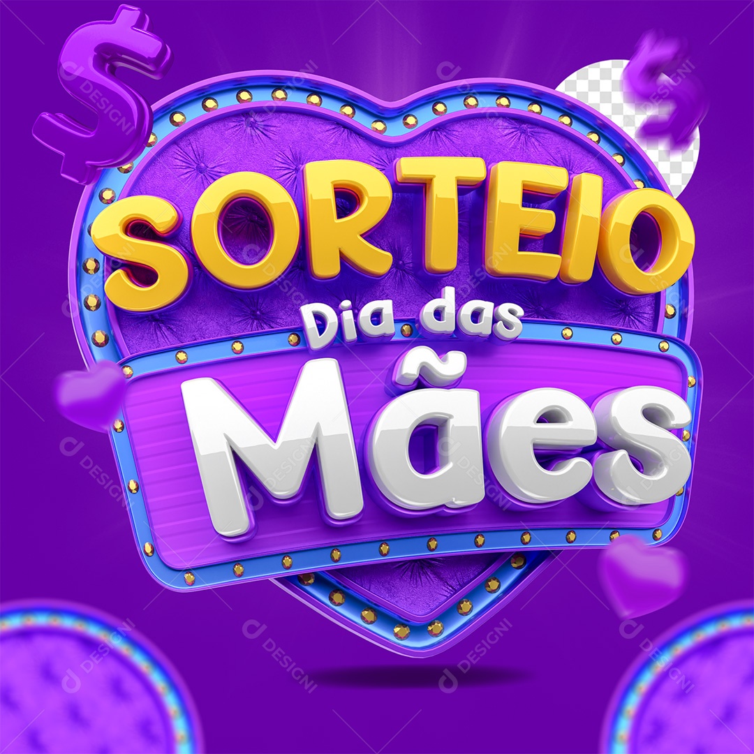 Sorteio Dia Das Mães Selo 3D Amarelo e Roxo para Composição PSD