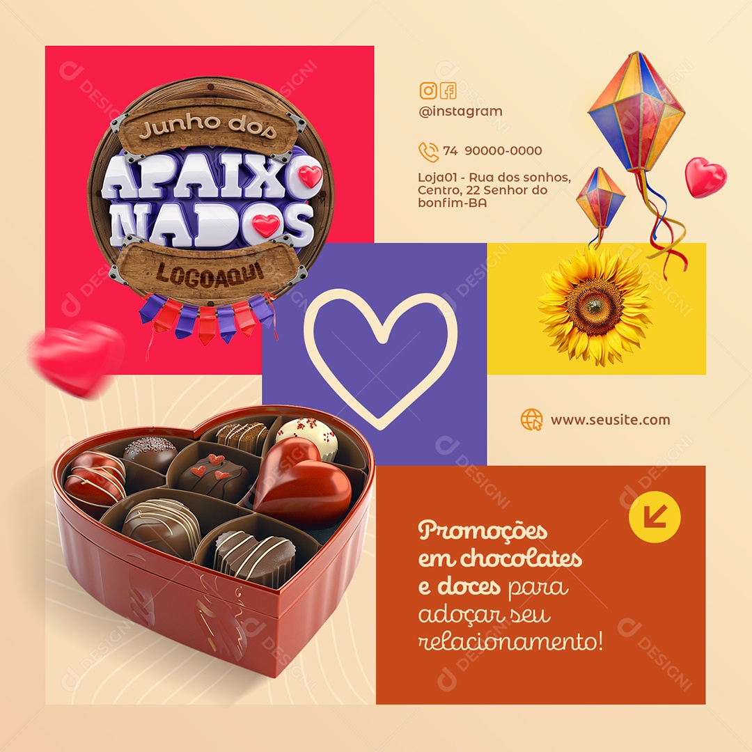 Junho dos Apaixonados Promoções em Chocolates e Doces Social Media PSD Editável