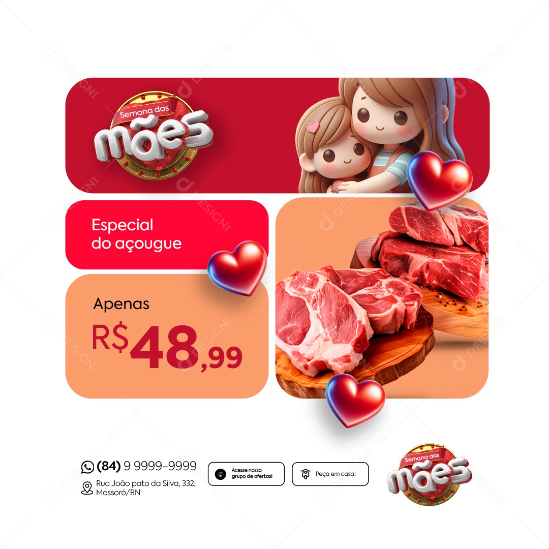 Semana das Mães Supermercado Especial de Açougue Carne Social Media PSD Editável