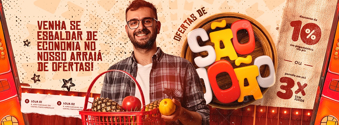 Ofertas de São João Supermercado Web Banner Desconto Social Media PSD Editável