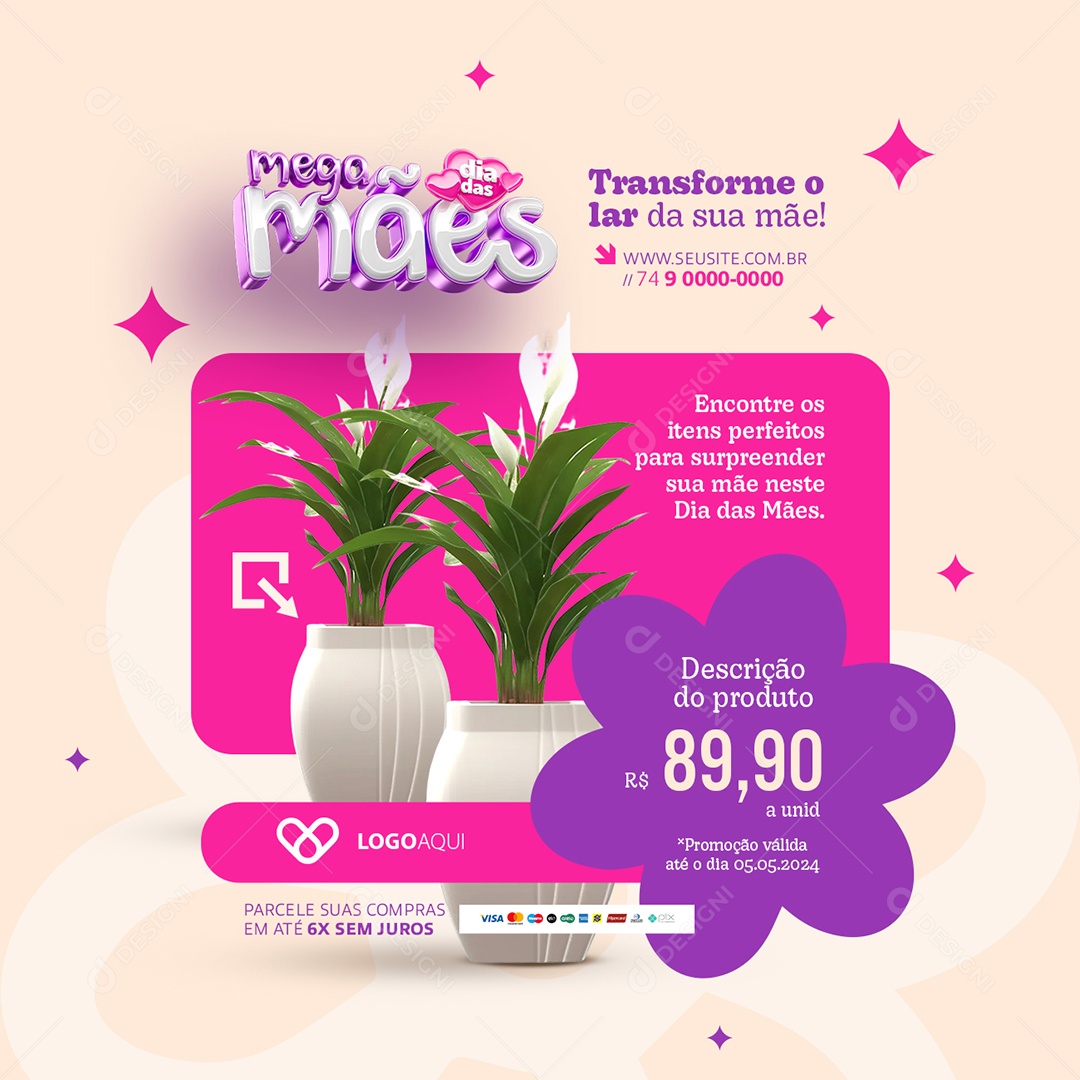 Mega Dia Das Mães Vaso de Plantas Encontre os Itens Perfeito Social Media PSD Editável