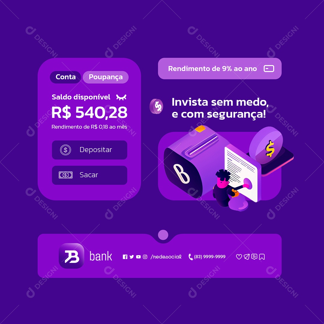 Banco Digital Invista Sem Medo e Com Segurança Social Media PSD Editável